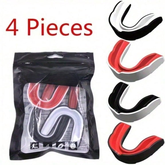 4-Pack Adult Sports Mouthguards, Shock-Absorbent EVA, Black/White/Red, 1 Set