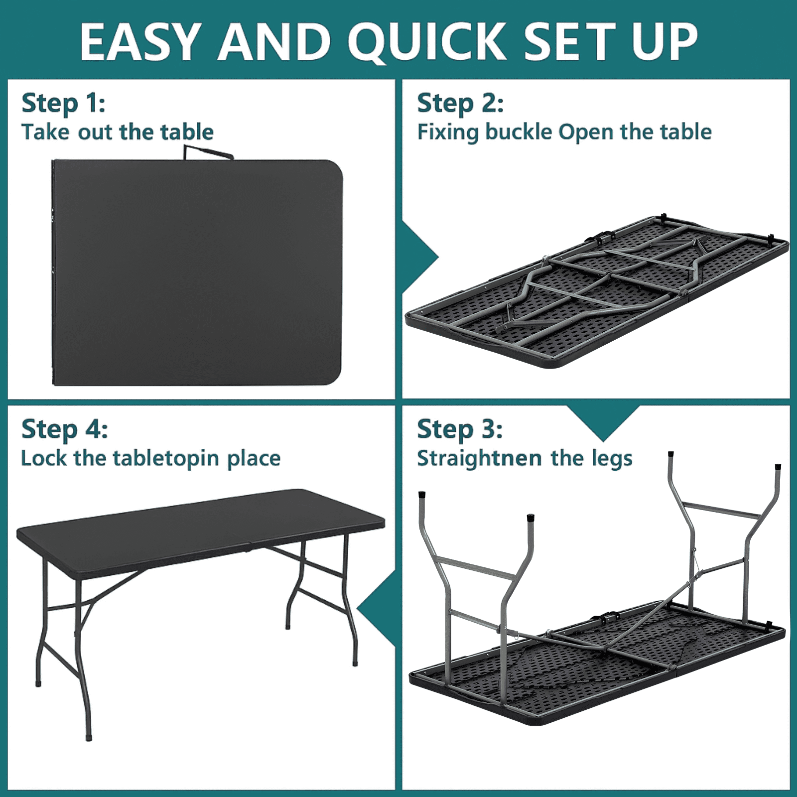HONGGE 5 ft Folding Table with Carry Handle Plastic Foldable Table for Indoor Outdoor Use, Picnics, Parties, BBQs - Black