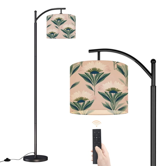 Arc Floor Lamp with Adjustable Lampshade Floral White Daisies Green Leaves Soft Pink Standing Lamp 3 Color Temperatures Dimmable Tall Pole Lamp with Rotating Head Foot Switch Bedroom