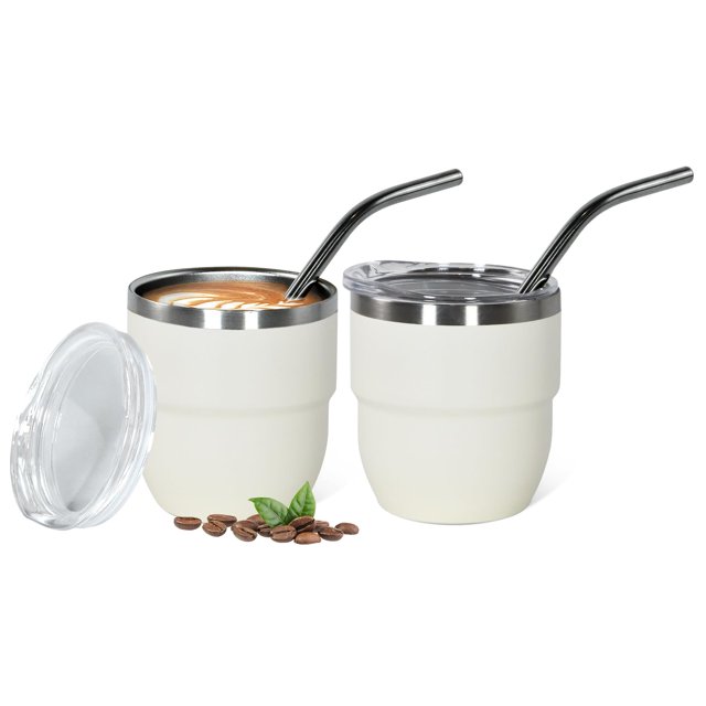 2-Pack 4oz Stackable Stainless Steel Vacuum Insulated Espresso Cups with Straw & Leakproof Lid, White Mini Coffee Mugs for Temperature Locking, Cold Insulation & Portable Use, Durable Espresso