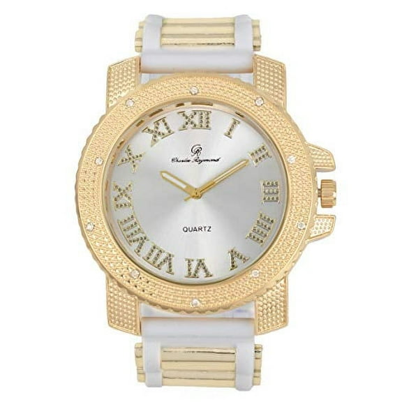 Charles Raymond Iced Out Oversized Hip Hop Bullet Rubber Band Mens Blinged Out Wristwatch, That Shows Your Lust for Life - GJM (GJM - White - Gold)