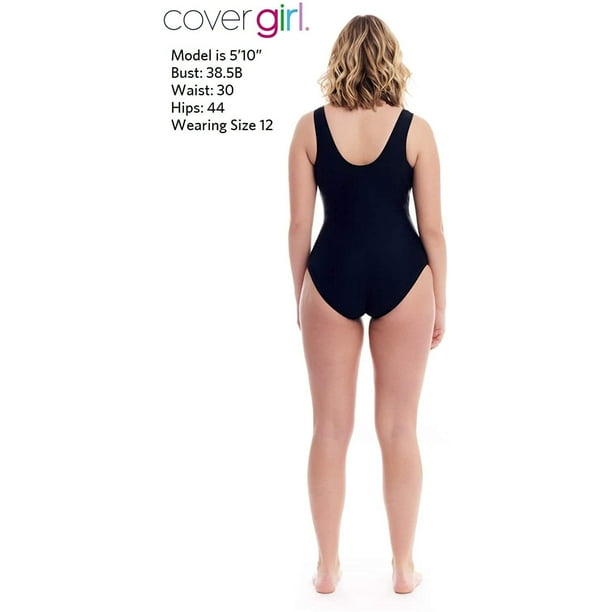 COVER GIRL Womens Swimwear Straight and Curvy One Piece Tummy Control  Swimsuit - Metallic Lace Up, Black/Silver, 14 
