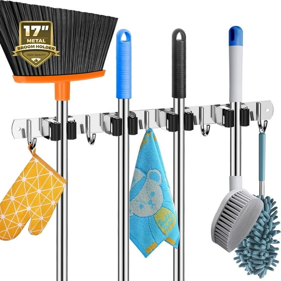 4 Racks and 5 Hooks Mop and Broom Holder Wall Mount, Self Adhesive Heavy Duty Stainless Steel Tool Organizer for Kitchen Garage Laundry Garden
