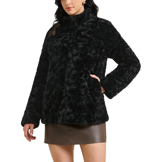 Abrigo de piel sintética para mujer, abrigo cálido de solapa con bolsillos, chaquetas esponjosas de invierno, color negro
