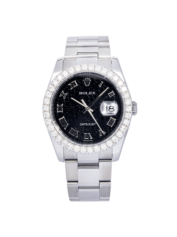 Pre-Owned Rolex Datejust 36MM 116200 Black Pattern Roman Dial Diamond Bezel Stainless Steel Oyster Bracelet 3.25ct