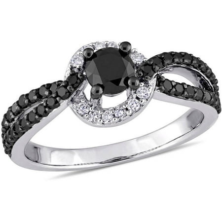 1 Carat Blackt and White T.W. Diamond 14kt White Gold Cross-Over Engagement Ring