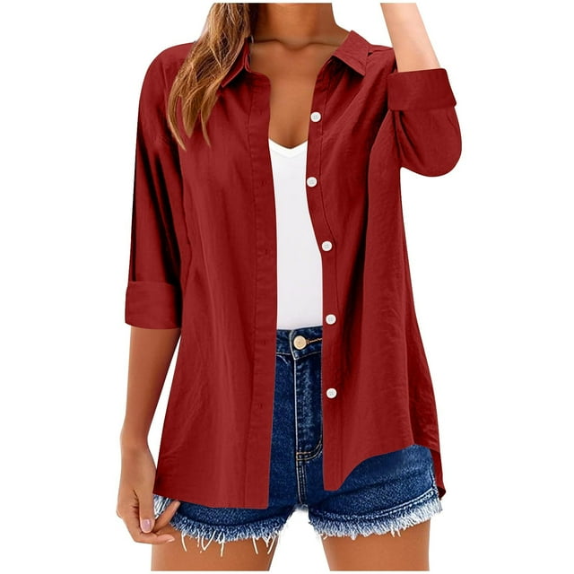 Womens Pullover Tops Spring Fall Clothes 2025 Long Sleeve Shirts Loose Festival Tops Solid Color Turndown Collar Button 3/4 Sleeve V-Neck Fashionable Top Plus Size Tops For Women Summer