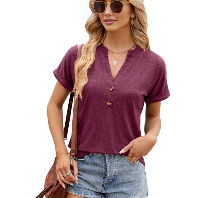Camisetas de Mujer Modernas con Cuello en V y Botones, de Corta, Informales, Básicas, Holgadas Vino Tinto L