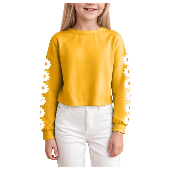 Ulanda Kids Crop Tops Girls Long Sleeve Tee Shirts Cute Daisy Pinted Fashion Sweatshirt Pullover Top (Yellow, 10-11 Years)