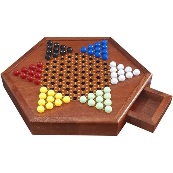 Wooden Chinese Checkers Board Game with Marbles, with 60 Marbles and 12 Spare Marbles, with Drawer Design, Convenient Storage, Suitable for Family Board Game Suits of Most Ages (16.6 Inches)