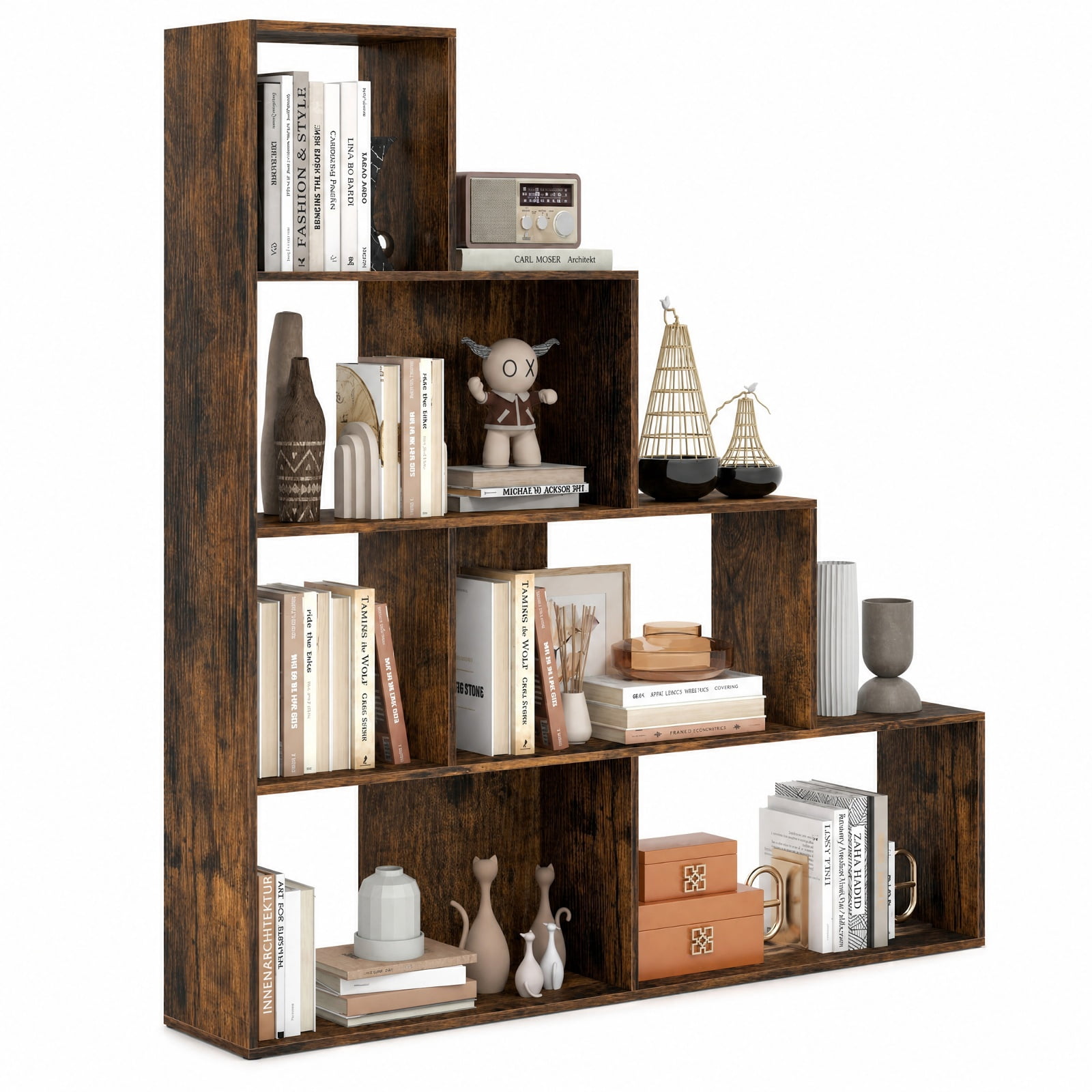 Furnibear 4-Tier Stepped Bookshelf Freestanding Ladder Storage Shelf with 6 Cubes for Living Room Home Office Bedroom Display Storage, Rustic Brown