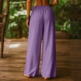 thumbnail image 5 of longantii Linen Pants Women Wide Leg Drawstring Palazzo Lounge Pant Elastic Waist Boho Beach Vacation Summer Travel Trousers Purple L, 5 of 5
