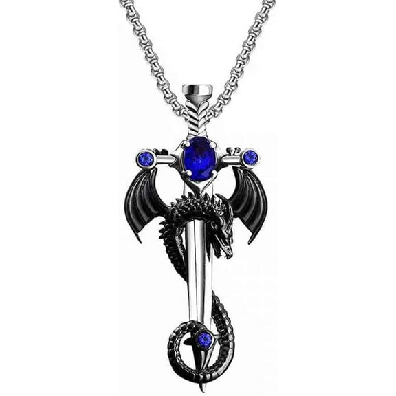 Punk Necklace - Winged Dragon With Sword 3.7 X 1.7 Cm - Metal - Chain 50 Cm - Blue/Red/Green Stone