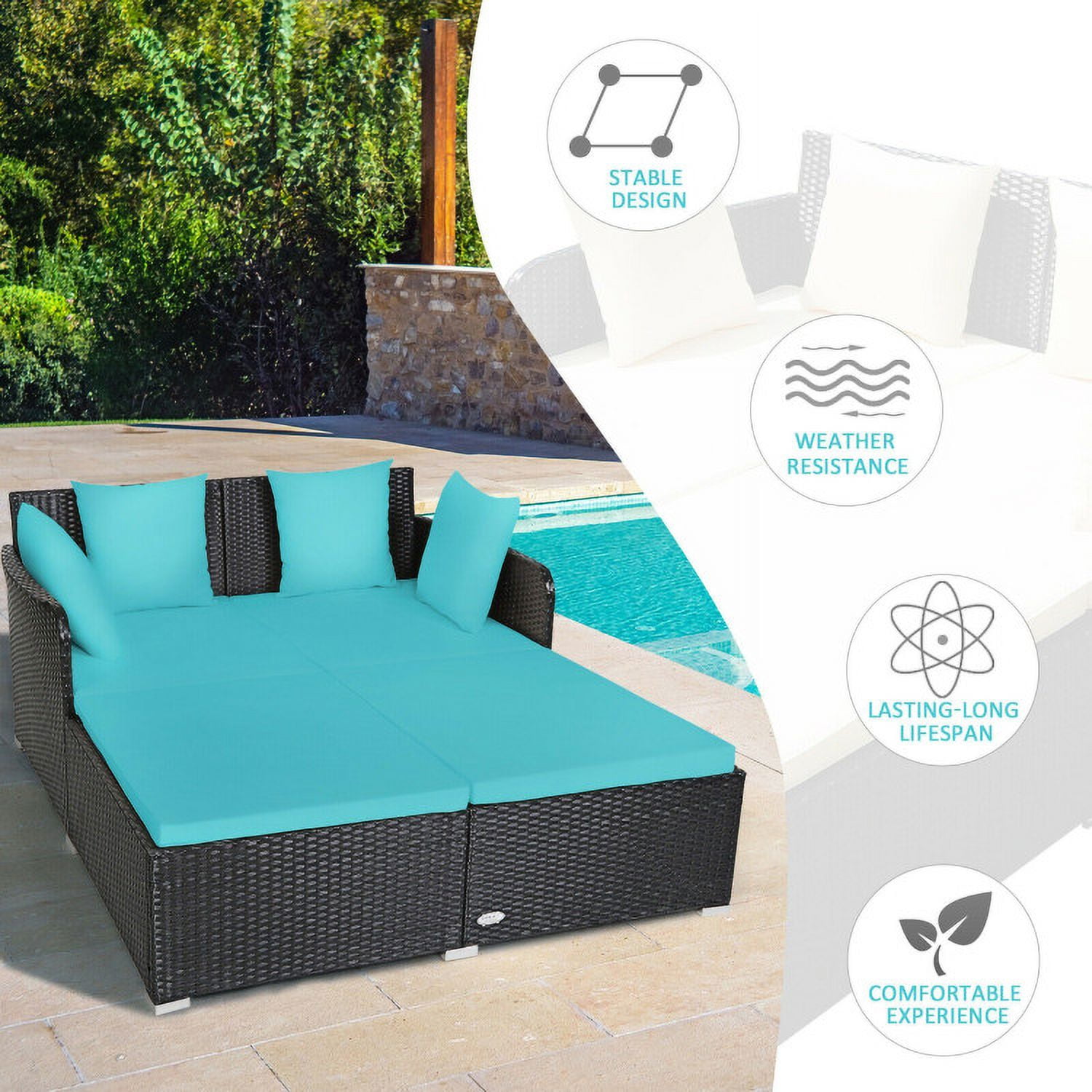 Aimee Lii Spacious Outdoor Rattan Daybed with Upholstered Cushions and Pillows, Outdoor Deck Furniture, Turquoise