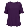 thumbnail image 4 of YDFCWXW Linen Tops for Women Short Ruffle Sleeve Shirts Crewneck Pleated Blouses Dressy Casual Fashion Button Down Tunic Top Purple, S, 4 of 5