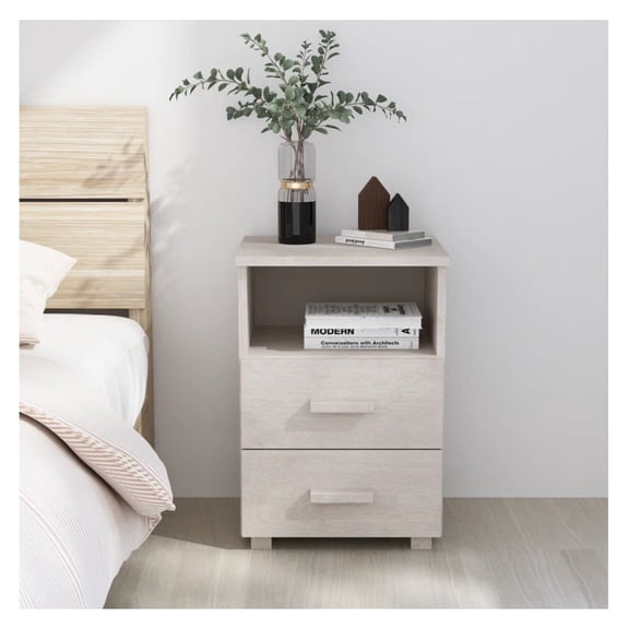 White Bedside Table HAMAR - Solid Wood Nightstand with Drawers & Open Shelf - 15.7"x13.8"x24.4" Bedroom Furniture