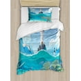 thumbnail image 1 of Blue Nautical Duvet Cover Set Twin Size, Cartoon Style Watchtower Sea Port Seagulls Flying Waves Fish Scenery, Decorative 2 Piece Bedding Set with 1 Pillow Sham, Multicolor, by Ambesonne, 1 of 3