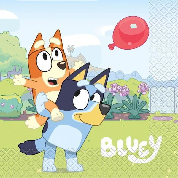 Illustration of Bluey carrying Bingo while playing with a red ball outdoors on lunch napkin