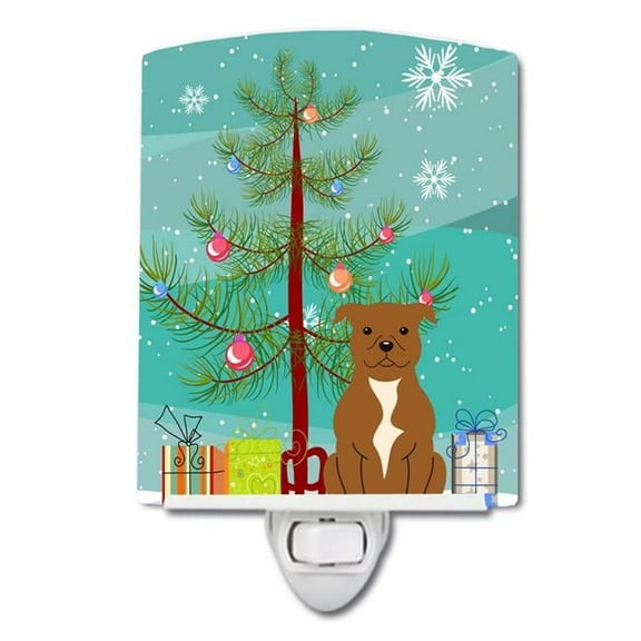 Merry Christmas Tree Staffordshire Bull Terrier Brown Ceramic Night Light