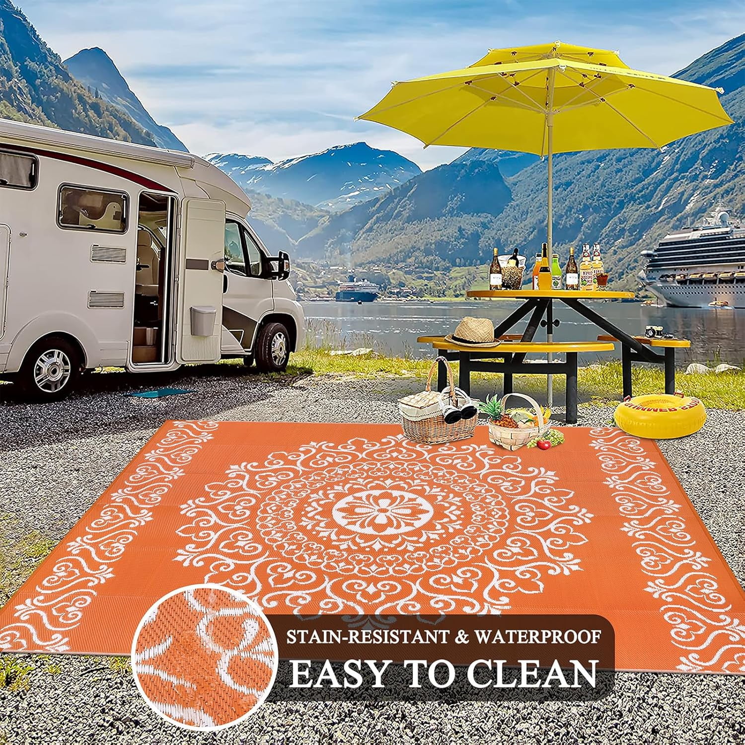 MJIAexp 6'x9' Orange Outdoor Rug Patio Rug Waterproof RV Outdoor Rug Camping Rugs Reversible Plastic Straw Rug Large Outdoor Mat for Camping, Balcony Apartment, Patio, Porch, Picnic, Beach