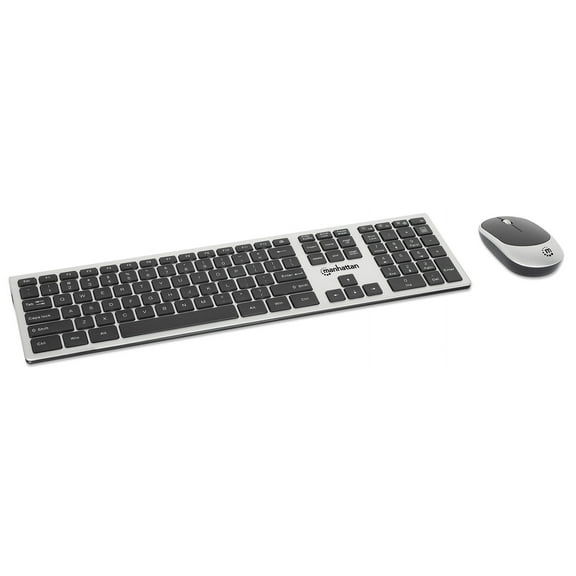 Manhattan MWK7400 Wireless USB Keyboard and Mouse Combo Set | Full-Size Wireless Keyboard with 12 Multimedia/Function Keys | Ambidextrous Optical Mouse with 3 Buttons and Scroll Wheel, Silver/Black
