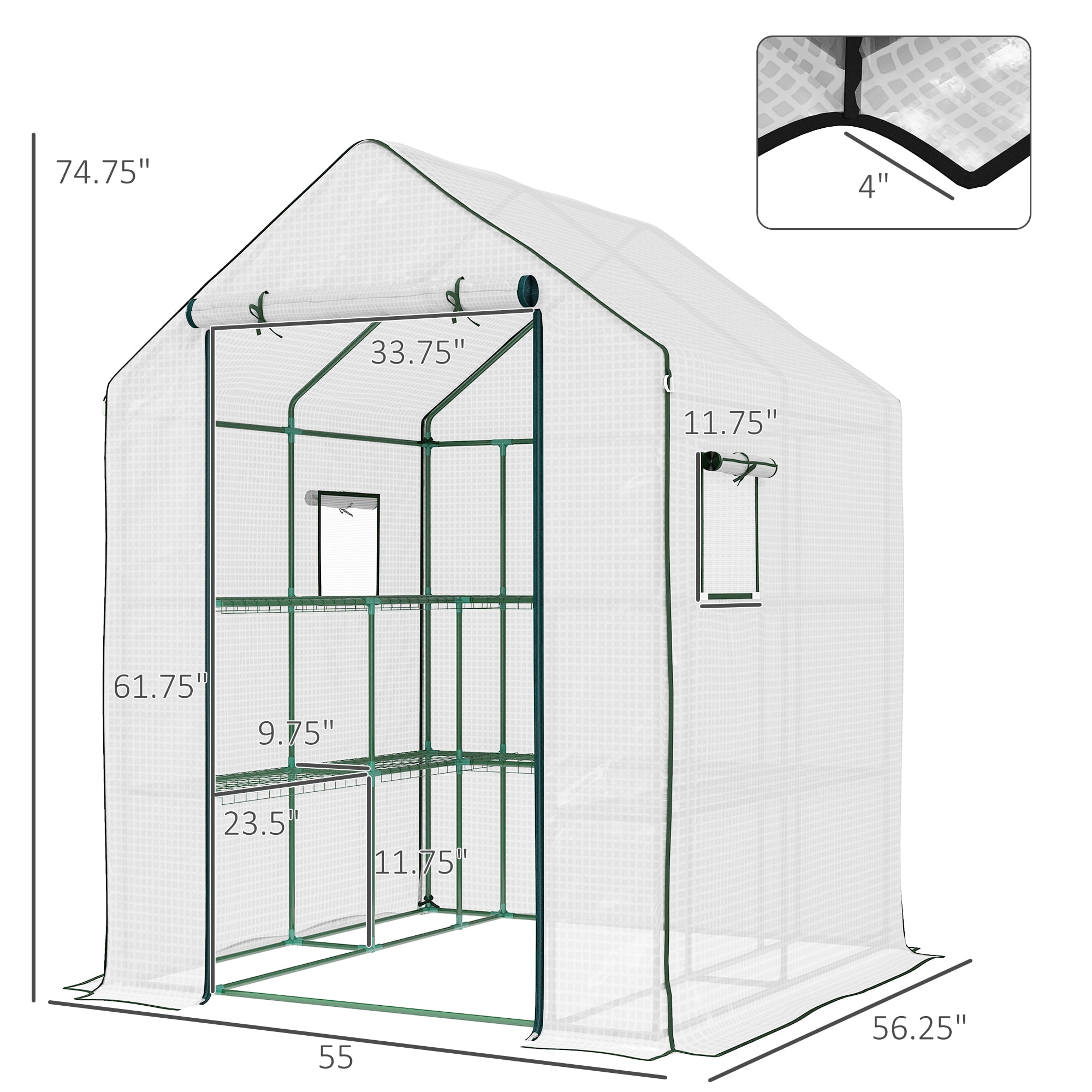 Outsunny 4.6' x 4.7' Small Portable Walk-In Greenhouse w/ Shelves, White