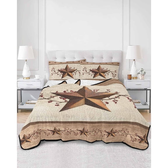 Quilts Twin Size, Farmhouse Texas Star Brown Soft Comforter Bedding Set for Bed, Berry Vintage Wooden Lightweight Quilted Bedspread with Pillow Cover(2 Pieces) for All Season, 68x86 Inch