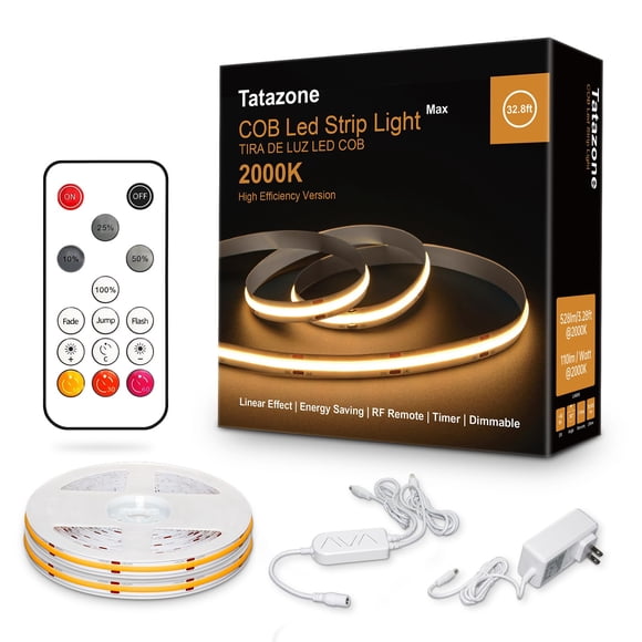Tatazone 32.8ft Orange Color COB Strip Lights with RF Remote, 2000K Dimmable Ultra Bright Yellow COB Light Strip, Indoor Adhesive