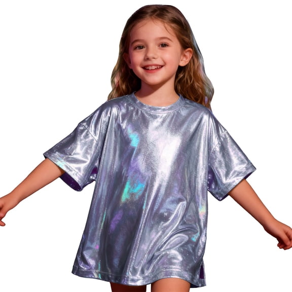 EnJoCho Girls Sparkly Short Sleeve T Shirt Kids Shinny Crew Neck Loose Fit Pullover Tops Summer Trendy Casual Shirts