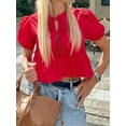 thumbnail image 4 of Raccmtaty Women's Summer Babydoll T-Shirt Solid/Stripe Short Puff Sleeve Round Neck Tie-Up Front Peplum Tops, 4 of 7