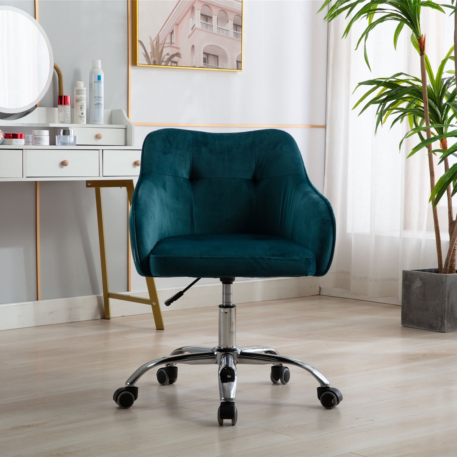 Modern Velvet Chair Swivel Office Chair with Wheels, Mid Back Ergonomic