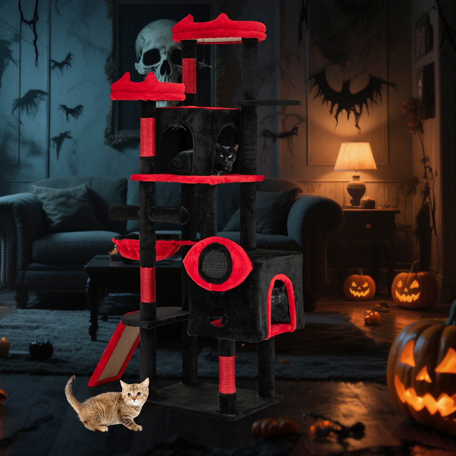 Costway Gothic Cat Tree for Indoor Cats with 2 Cat Condos & 2 Plush Perches, Dangling Balls