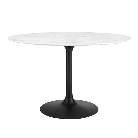 48 Inch Dining Table, White Black, Artificial Marble, Metal Steel, Round, Mid Century Kitchen Cafe Bistro Hospitality Restaurant, Modern Contemporary HB33251