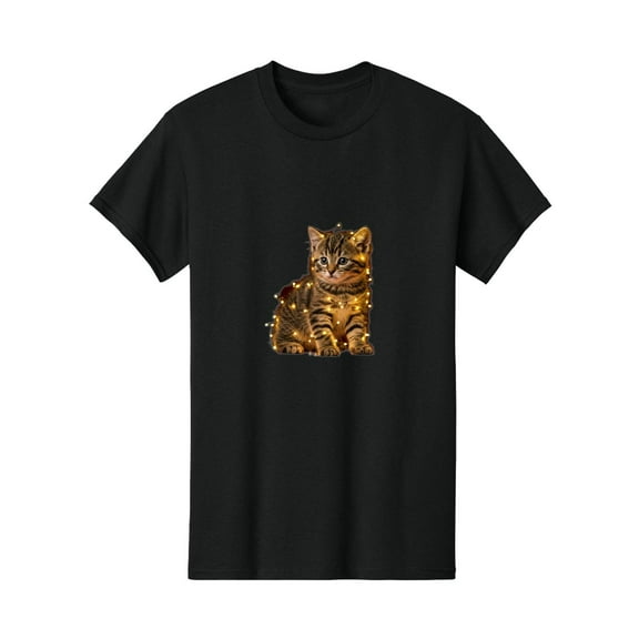Kitten Christmas Lights Graphic for Holidays Tee T Shirt Top Short Sleeve Round Neck Black S-5XL