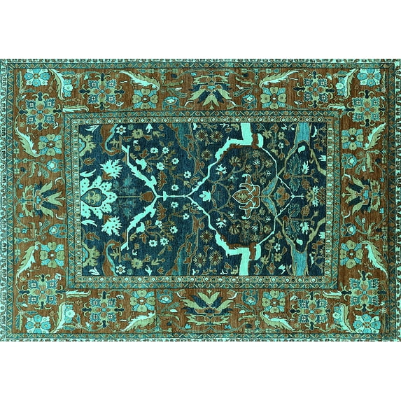 Ahgly Company Machine Washable Indoor Rectangle Oriental Turquoise Blue Industrial Area Rugs, 8' x 12'