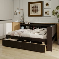 Full Size L-shaped Bookcases Bed with Power Outlets, USB Charging Ports,Two Drawers,Espresso