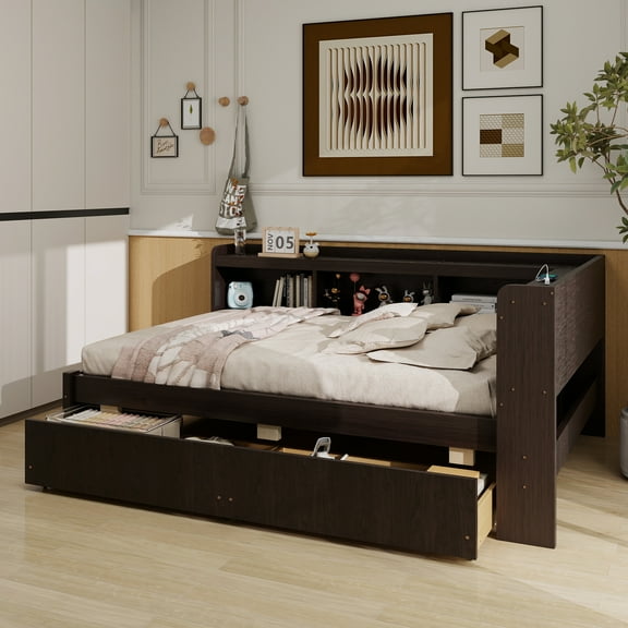 Full Size L-shaped Bookcases Bed with Power Outlets, USB Charging Ports,Two Drawers,Espresso