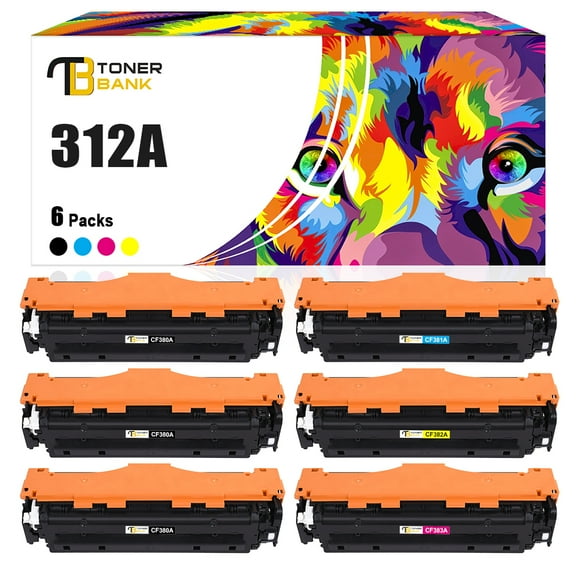Toner Bank 6-Pack Compatible Toner Cartridge for HP CF380A 312A MFP M476nw M476dw M476dn Printer Ink 3x Black, Cyan, Magenta, Yellow