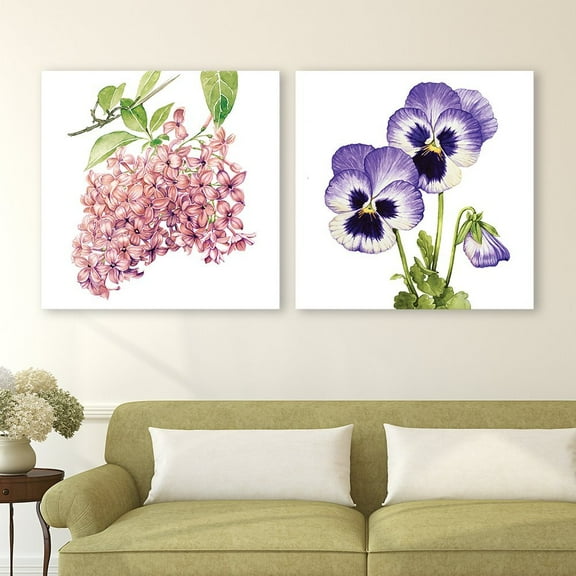 wall26-2 Panel Square Canvas Wall Art - Watercolor Style Pink and Purple Flowers on The Branch - Giclee Print Gallery Wrap Modern Home Art Ready to Hang - 16"x16" x 2 Panels