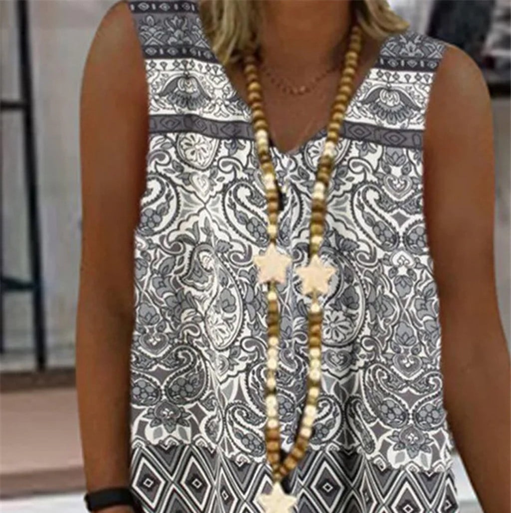 Women Summer Dress Vintage Loose V-neck Print Sleeveless Tank Midi Dress