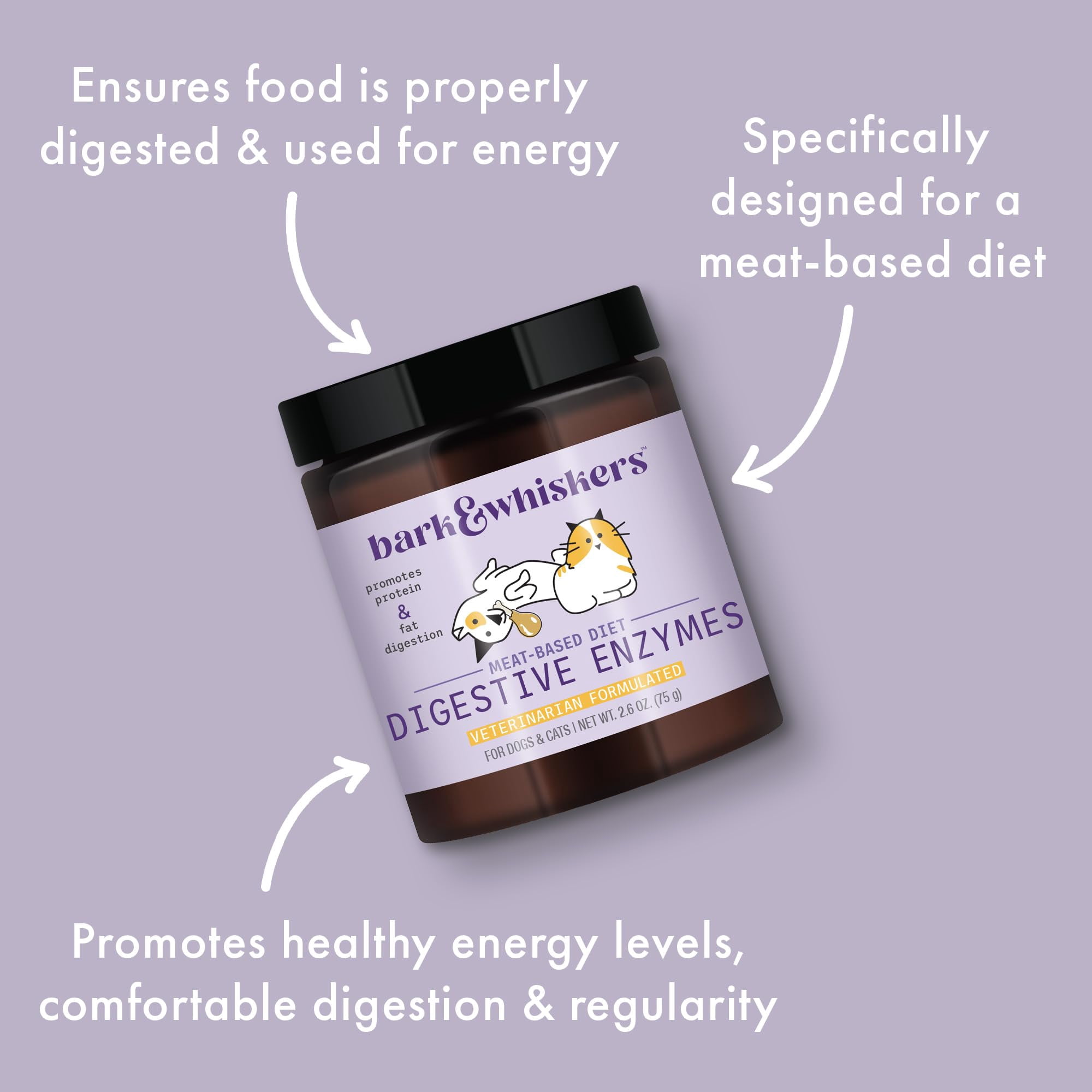 Bark & Whiskers Digestive Enzymes Meat-Based Diet for Dogs & Cats, 2.6 oz. (75 g), 150 Scoops, Promotes Protein & Fat Breakdown, Vet Formulated, Dr. Mercola