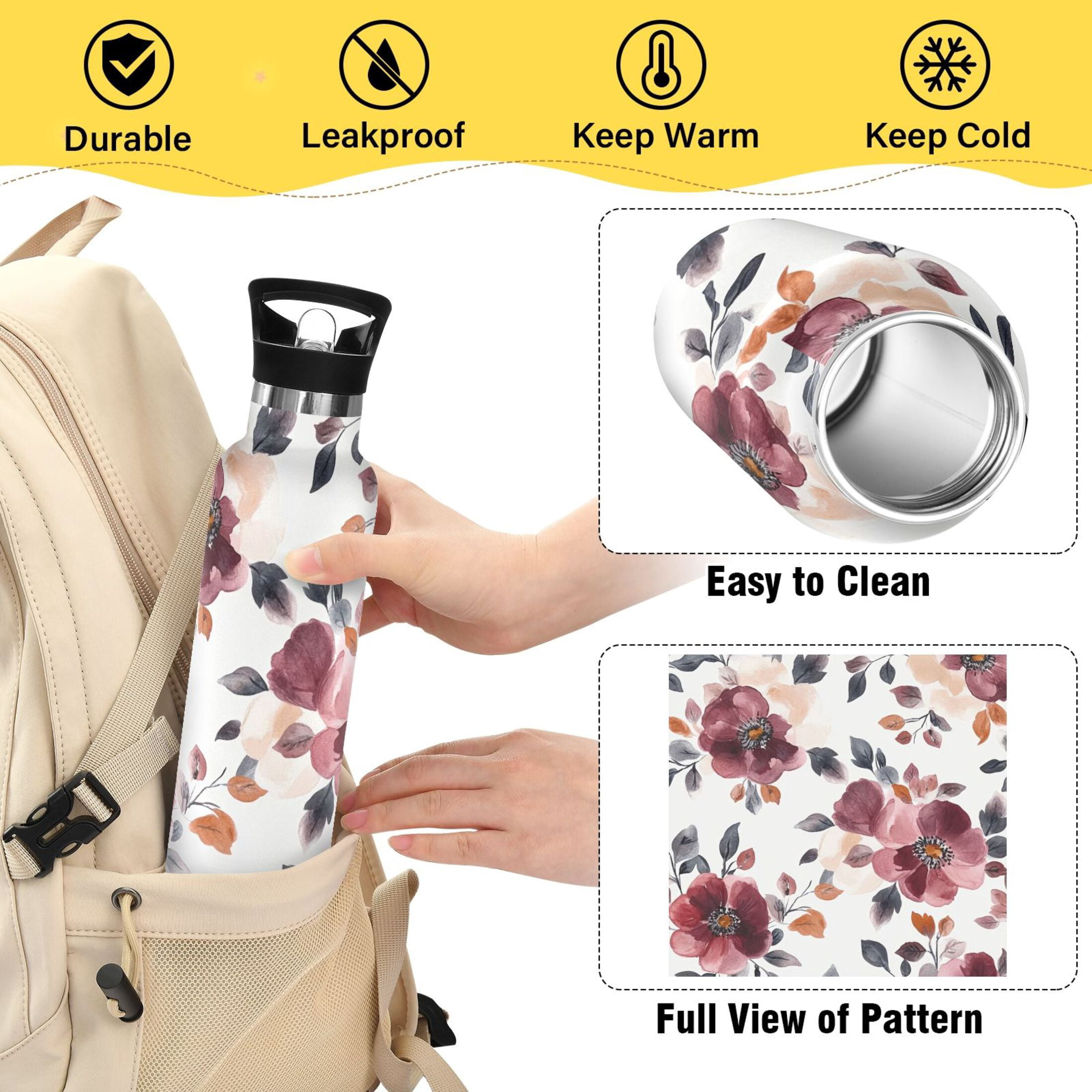 600ML Stainless Steel Insulated Cup Sports Water Bottle Portable Thermos Cup Water Glasses Insulated Tumblers Convenient and Durable Cartoon Maroon Flowers Seamless