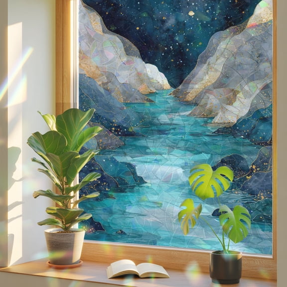 Night Sky Window Privacy Film, Moon Nature River Valley Dreamy Starry Galaxy Stained Glass Rainbow Film Decorative Window Clings, Static Cling Sun Blocking Stickers 23.6" x 59"