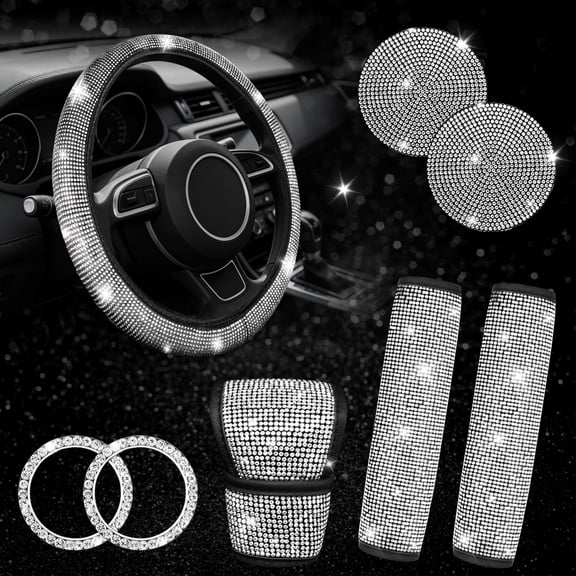 cyrico 8 Pcs Bling Car Accessories Set for Women, Bling Steering Wheel Cover, Sparkly Seat Belt Covers, Shiny Rhinestone Glitter Shift Knob Cover, Car Cup Holder Coaster, Push to Start Button Cover