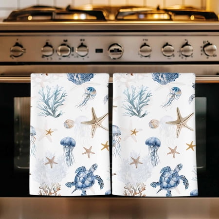 Blue Brown Coastal Kitchen Towels Set of 3 Nautical Summer Beach Sea Turtle Absorbent Dish Towels for Kitchen Microfiber Hand Towel Quick Drying Tea Towel for Cleaning Decorative Dishcloths