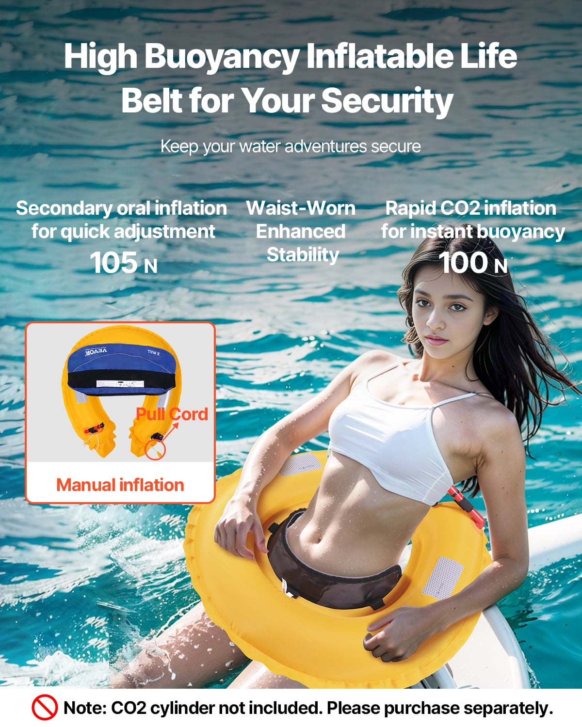 VEVOR Manual Inflatable Belt Pack for Adults, 105N Buoyancy, Over 80 Pounds and Up to 59 in Waist Adjustable, Inflatable PFD Waist for SUP Paddelboarding, Kayaking, Blue (CO2 Cylinder Not Included)