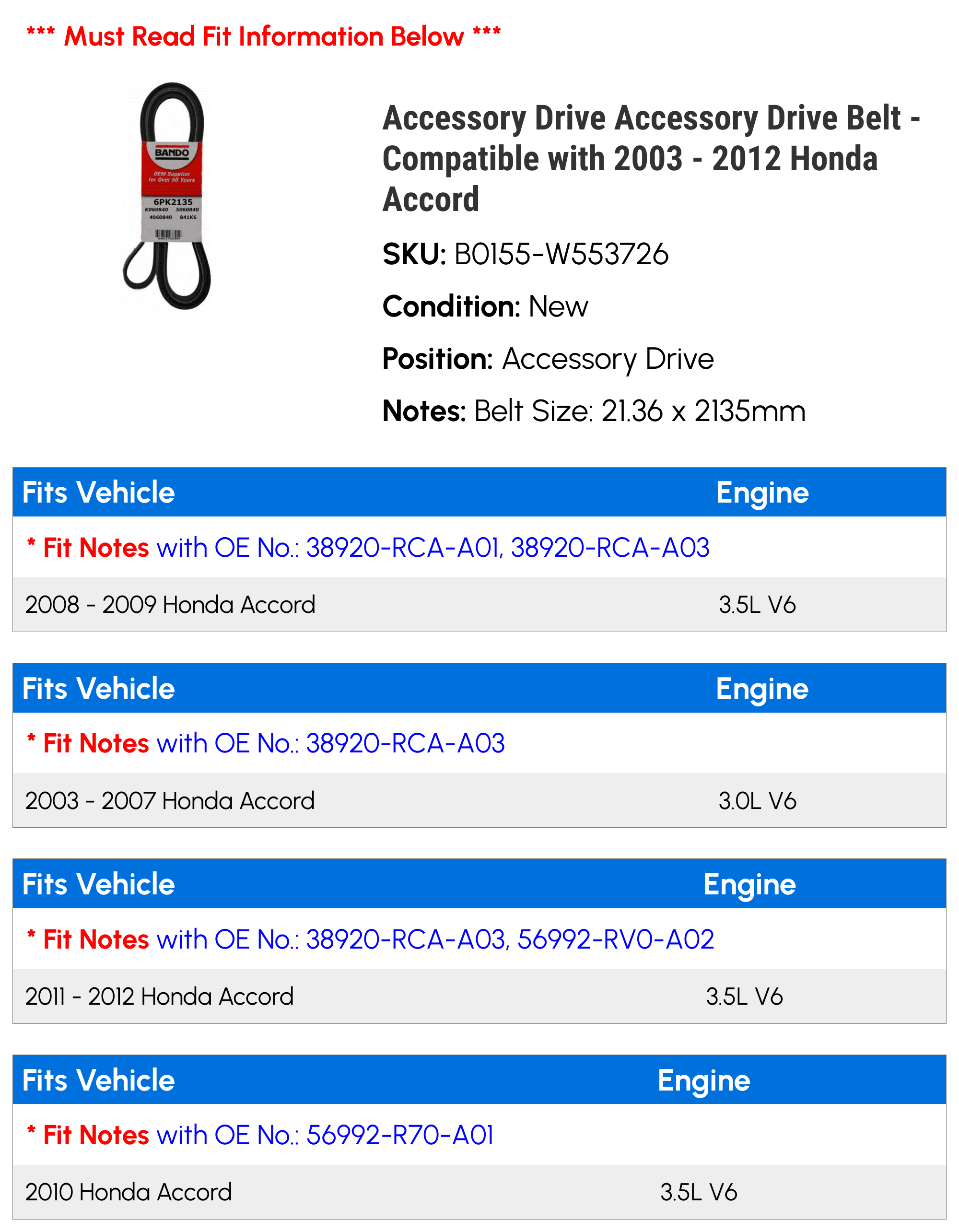 Accessory Drive Accessory Drive Belt - Compatible with 2003 - 2012 Honda Accord 2004 2005 2006 2007 2008 2009 2010 2011