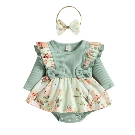 

PBaeM Newborn Girls Colorblock Casual Cute Long Sleeve Jumper Romper Headband 2 Piece Ribbed Outfit Sets