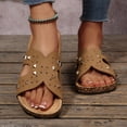 thumbnail image 2 of Womens Cork Footbed Slide Sandals with Arch Support Trendy Studded Hollow out Comfy Summer Slip on Flat Shoes Brown Size 6.5, 2 of 8