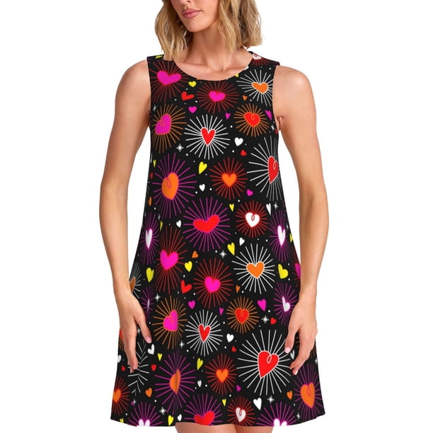 Balery Geometric Hearts Vestidos de verano para mujer con estampado: vestido holgado sin mangas, vestido playero informal y cómodo para días calurosos.